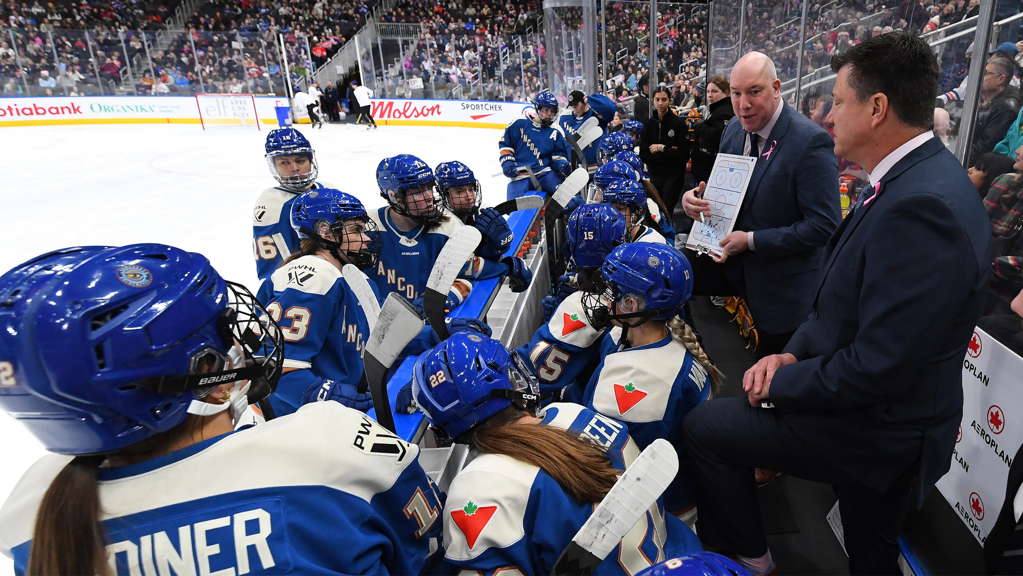 Goldeneyes players gather around the bench and look at Adams, who has drawn up a play on a whiteboard with an ice rink drawing on it. The players are in blue home uniforms, while Adams is in a navy suit.