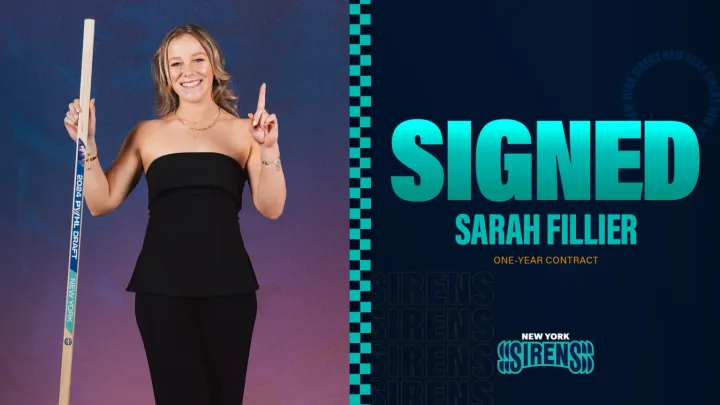 Sarah Fillier smiles while holding a hockey stick. Text reads: 'SIGNED SARAH FILLIER ONE-YEAR CONTRACT'.