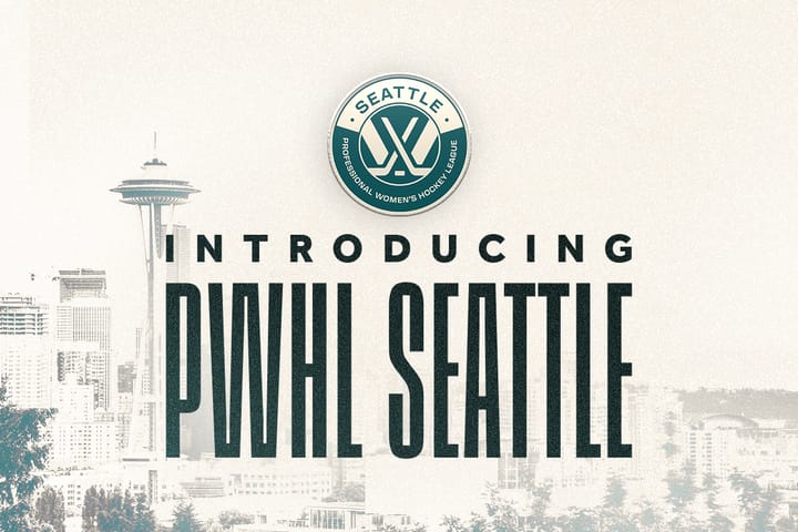 An emerald green and cream logo is above the words "Introducing PWHL Seattle" on a background showing the city skyline.