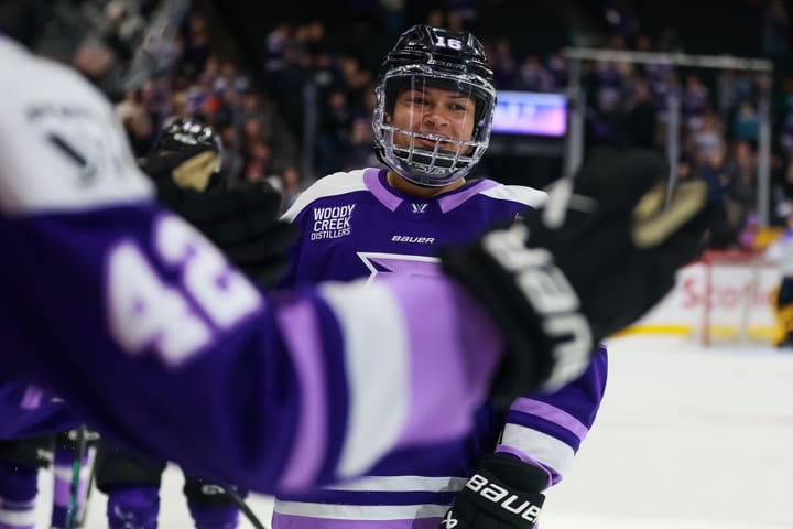 Sophie Jaques celebrates her goal in Game 3 (Photo Cred: PWHL)