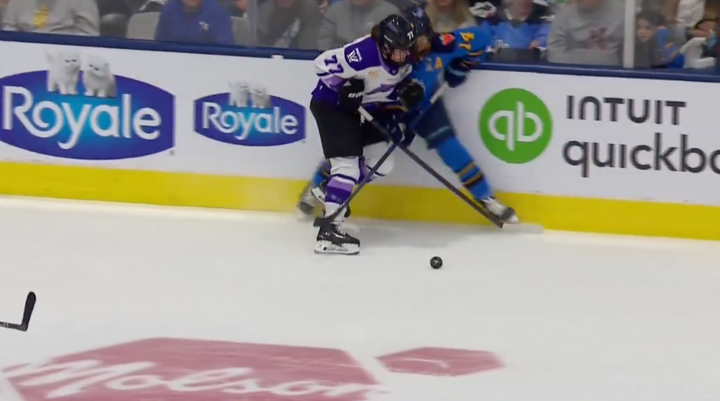 Britta Curl-Salemme hits Renata Fast in the head in Game 1 of the Semifinals of the 2025 PWHL Playoffs