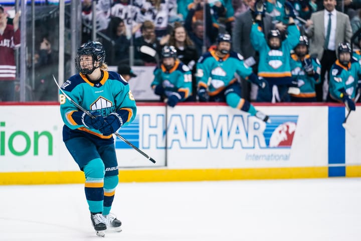 Maja Nylén Persson, and the New York Sirens' bench behind her, react to the defender's overtime game-winning goal against the Montréal Victoire.
