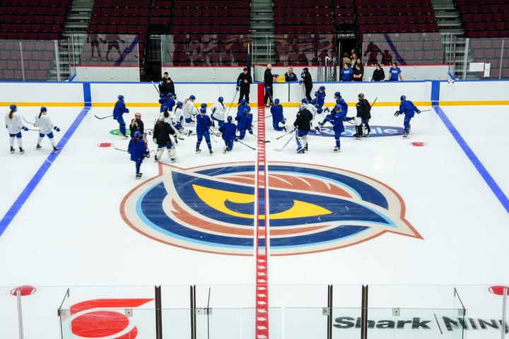 The Vancouver Goldeneyes huddle up for a training camp practice