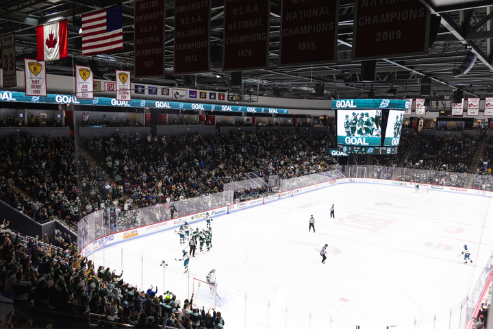 A birds eye view of the Fleet celebrating their goal on the ice, with a roaring crowd in the background. The Fleet are wearing green home uniforms.